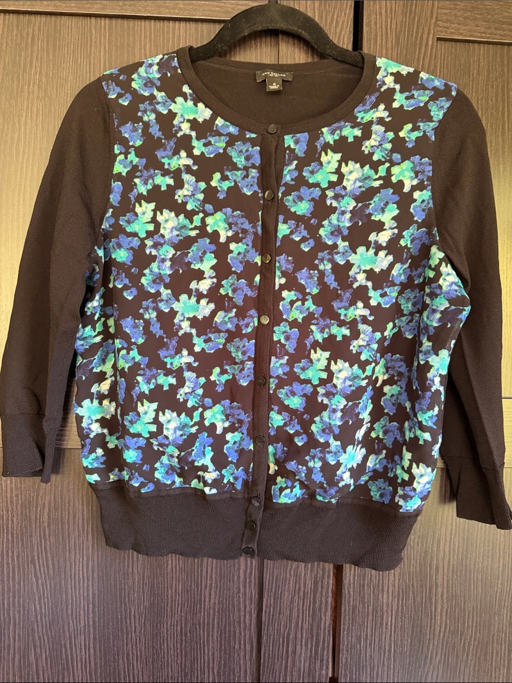 Talbots Black Cardigan with Blue and Teal Floral Front